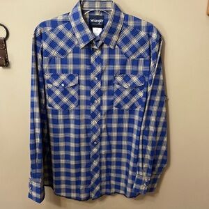 Wrangler Pearl Snap Western Mens Long Royal Blue Plaid Sleeve Shirt- EUC Size L